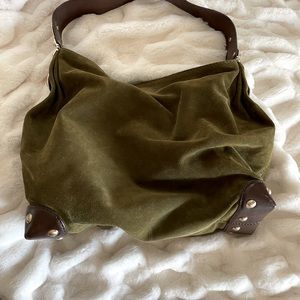 Michael Kors Olive Green Suede Purse. Gold hardware. Brown Leather Accents